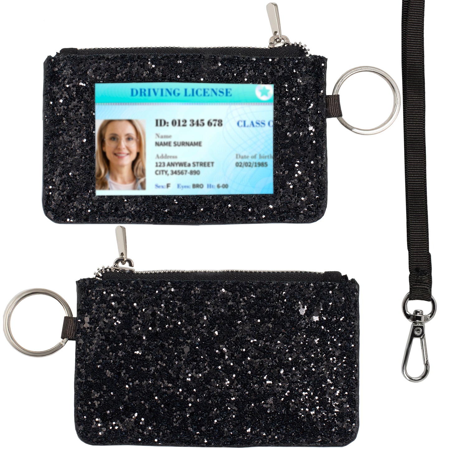 Black Glitter ID Wallet, Lanyard Wallets for Women, Bling ID Badge Holder, Sparkly Purse