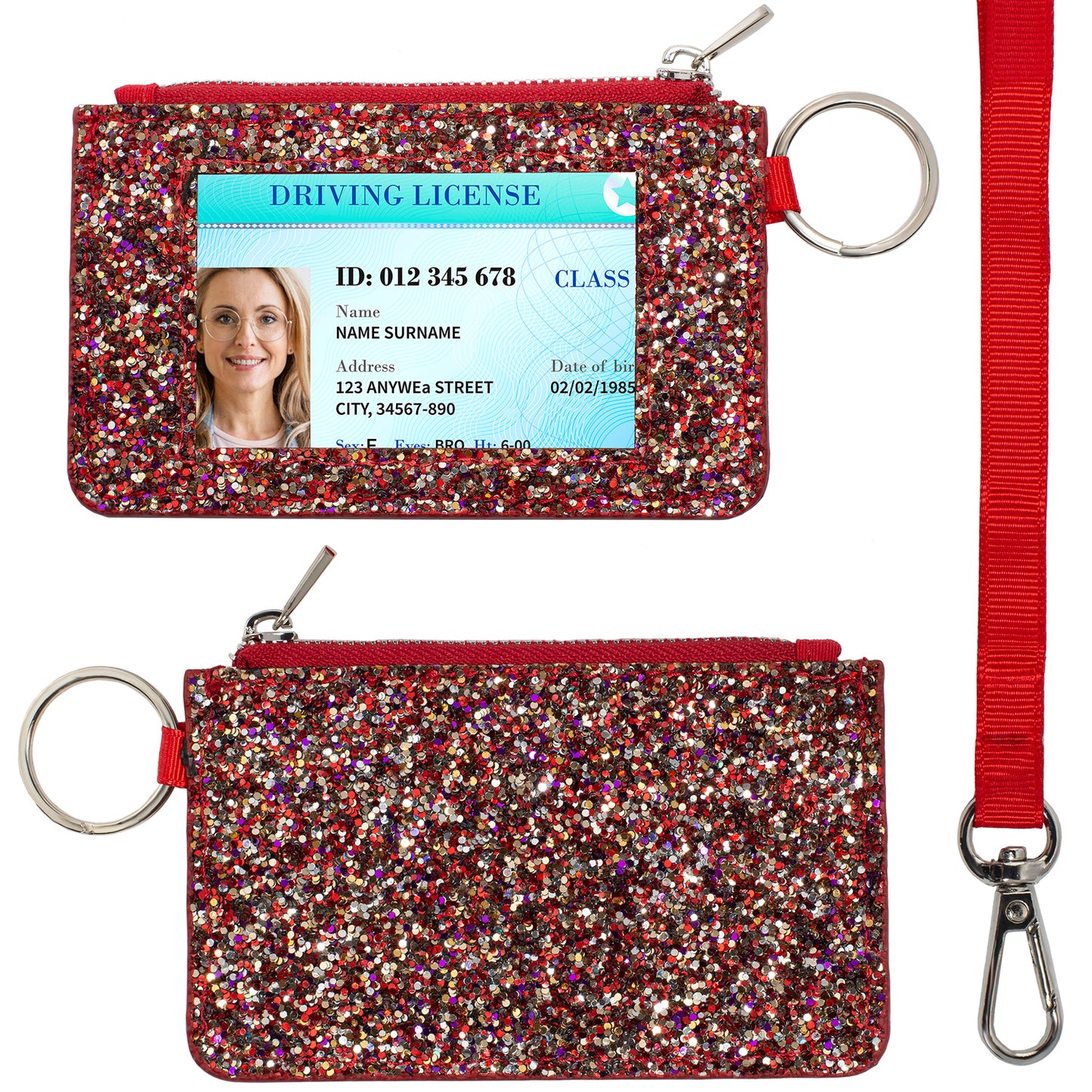 Red Glitter ID Wallet, Lanyard Wallets for Women, Bling ID Badge Holder, Sparkly Purses, Bling Keychain, Sparkle Purse, Coin Pouches