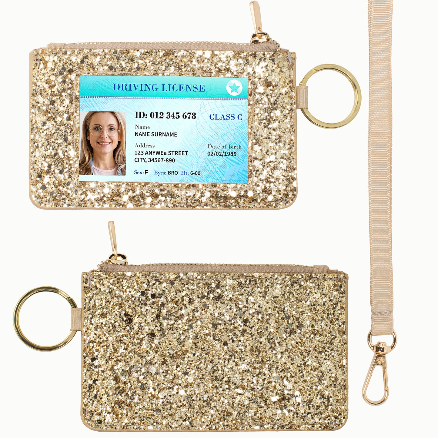 Gold Glitter ID Wallet, Lanyard Wallets for Women, Bling ID Badge Holder, Sparkly Purse