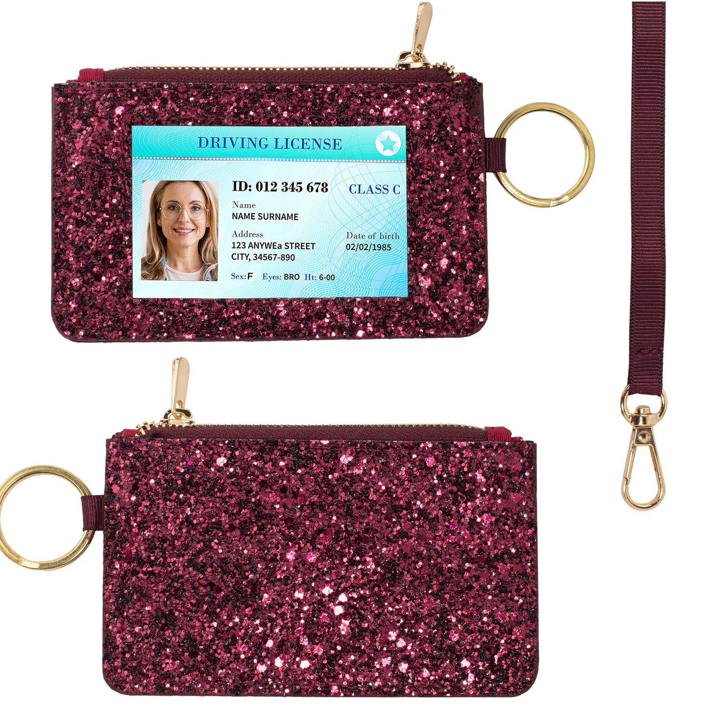 Bordeaux Glitter ID Wallet, Lanyard Wallets for Women, Bling ID Badge Holder, Sparkly Purses, Bling Keychain, Sparkle Purse, Coin Pouches