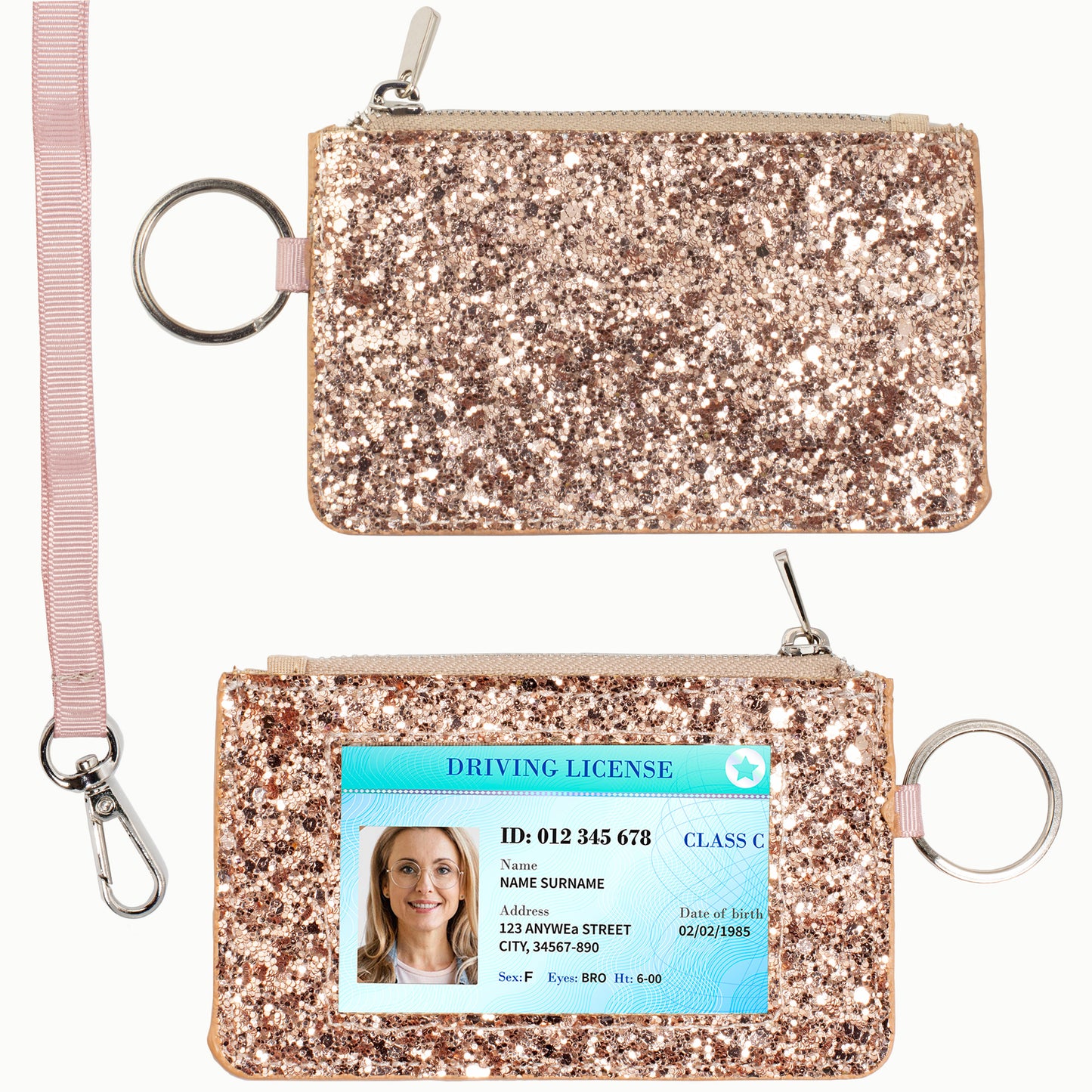 Rose Glitter ID Wallet, Lanyard Wallets for Women, Bling ID Badge Holder, Sparkly Purses, Bling Keychain, Sparkle Purse, Coin Pouches